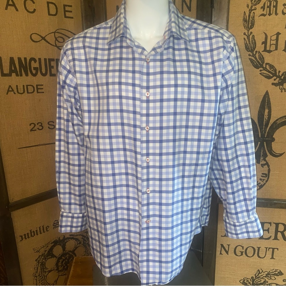 Lorenzo Uomo Blue and White Plaid Shirt, 17.5-34/35